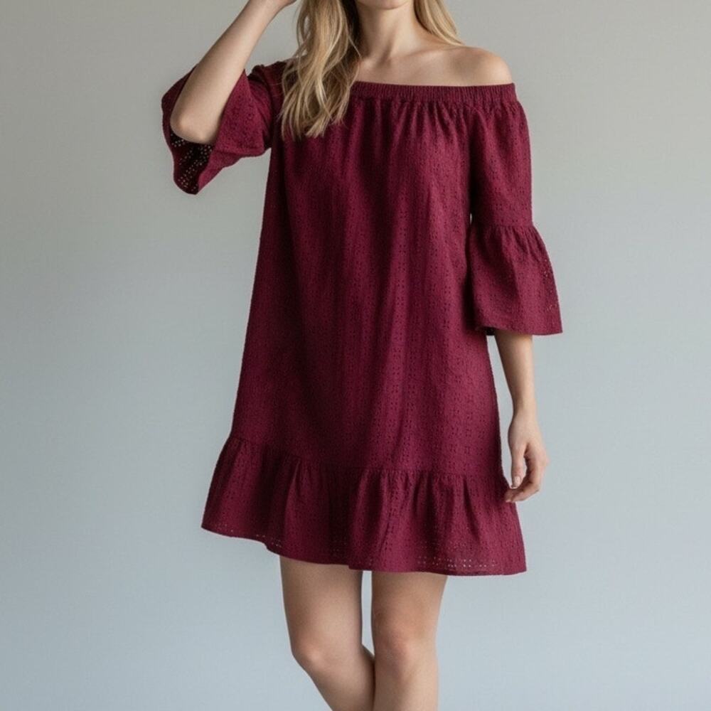 Likely Wine Red Eyelet Off Shoulder Bell Sleeve Lined Top Size 6